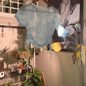 Occasion Blue Tie Dye Mesh Top Women's Medium M Ruched Drawstring